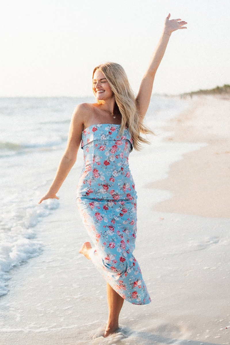 Floral Print Slim Fit Slit Hem Midi Tube Dresses-Blue Pre Order