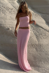 Knit Plaid Pattern One-Shoulder Strap Crop Top Vacation Maxi Skirt Matching Set-Pink