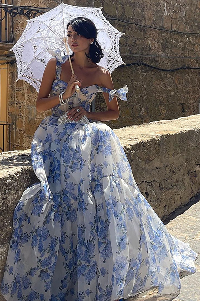 Floral Print Tie Up Cami Cinch Waist Tulle Elegant Gowns Maxi Dresses-Blue