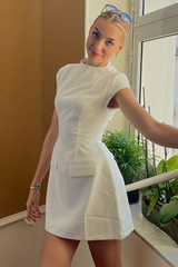 Round Neck Short Sleeve A-Line Solid Color Mini Dresses-White