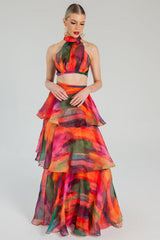Multicolor Print Halter Layered Maxi Skirt Prom Two Piece Set