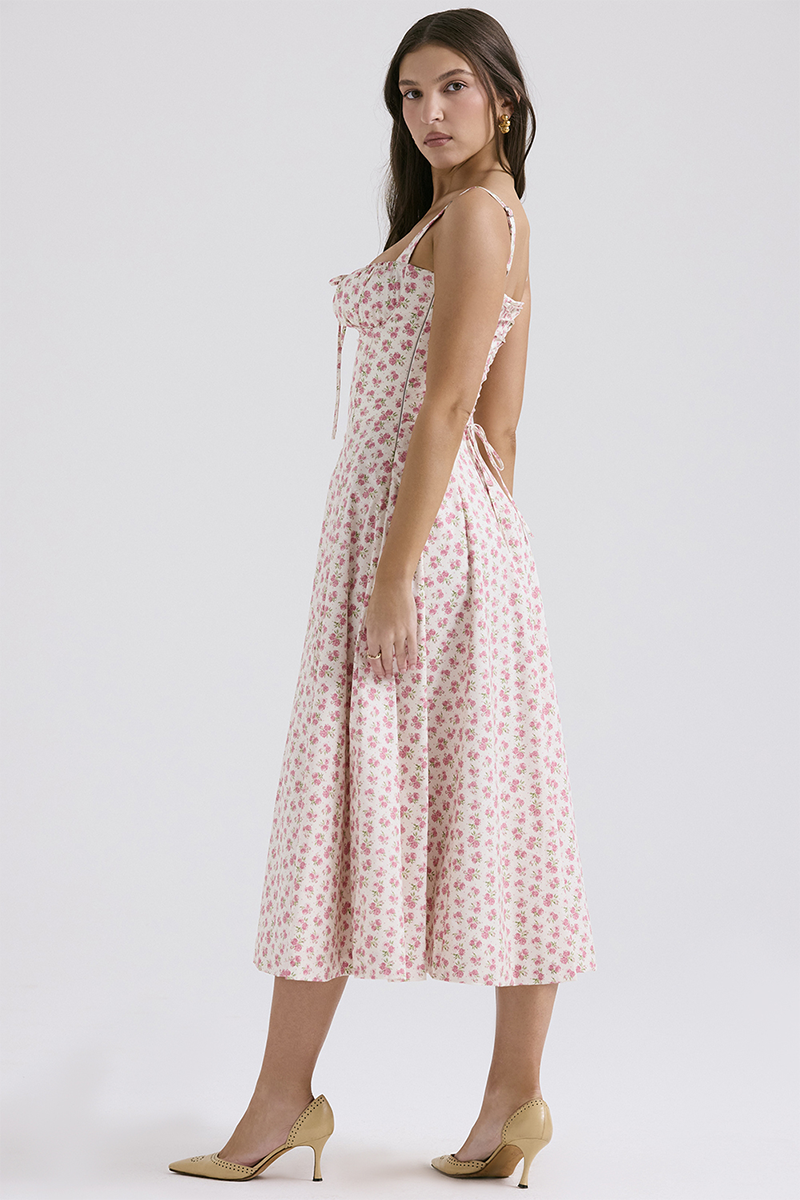 Ditsy Floral Print Front Tie Up Cinch Waist Slip Midi Dresses-Pink