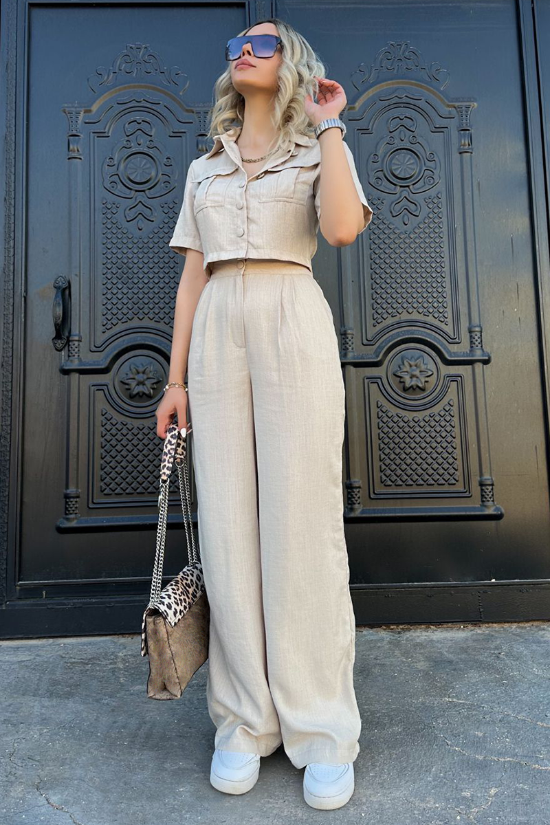 Solid Color Short Sleeve Crop Blouse Straight Leg Pants Matching Set-Beige