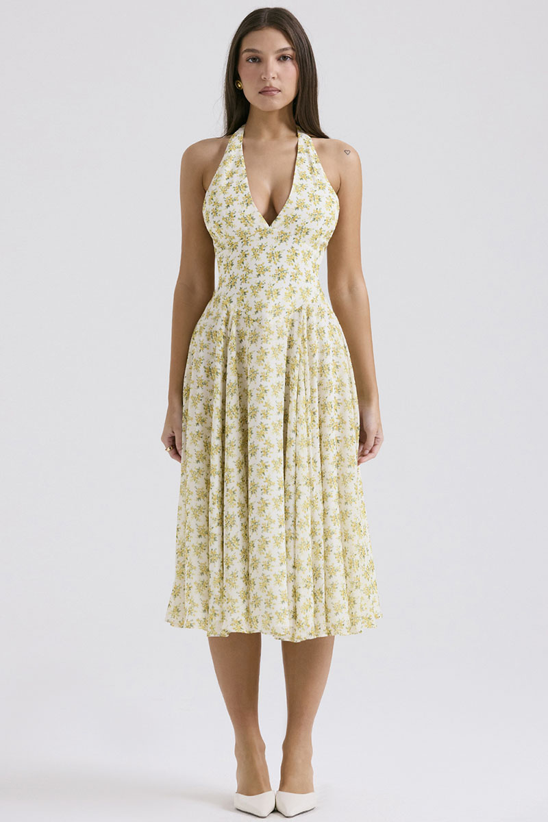 V Neck Halter Cinch Waist Floral Print Pleated Wedding Guest Midi Dresses-Yellow