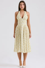 V Neck Halter Cinch Waist Floral Print Pleated Wedding Guest Midi Dresses-Yellow