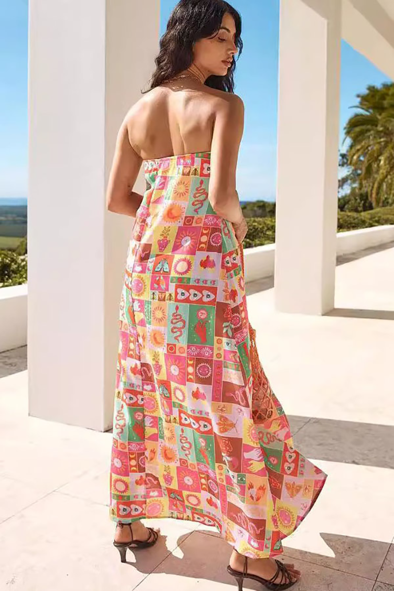Mixed Prints Loose Fit A-Line Vacation Maxi Tube Dresses-Beige