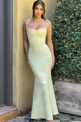 Lace Up Spaghetti Strap Slim Fit Jacquard Maxi Dresses-Yellow