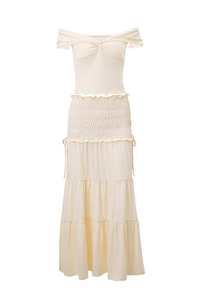 Deep V Neck Twisted Crop Top Ruched Maxi Skirt Matching Set-Beige