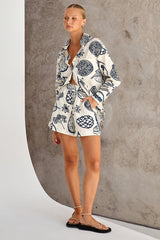 Floral Fruit Print Long Sleeve Shirt Casual Short Two Piece Set