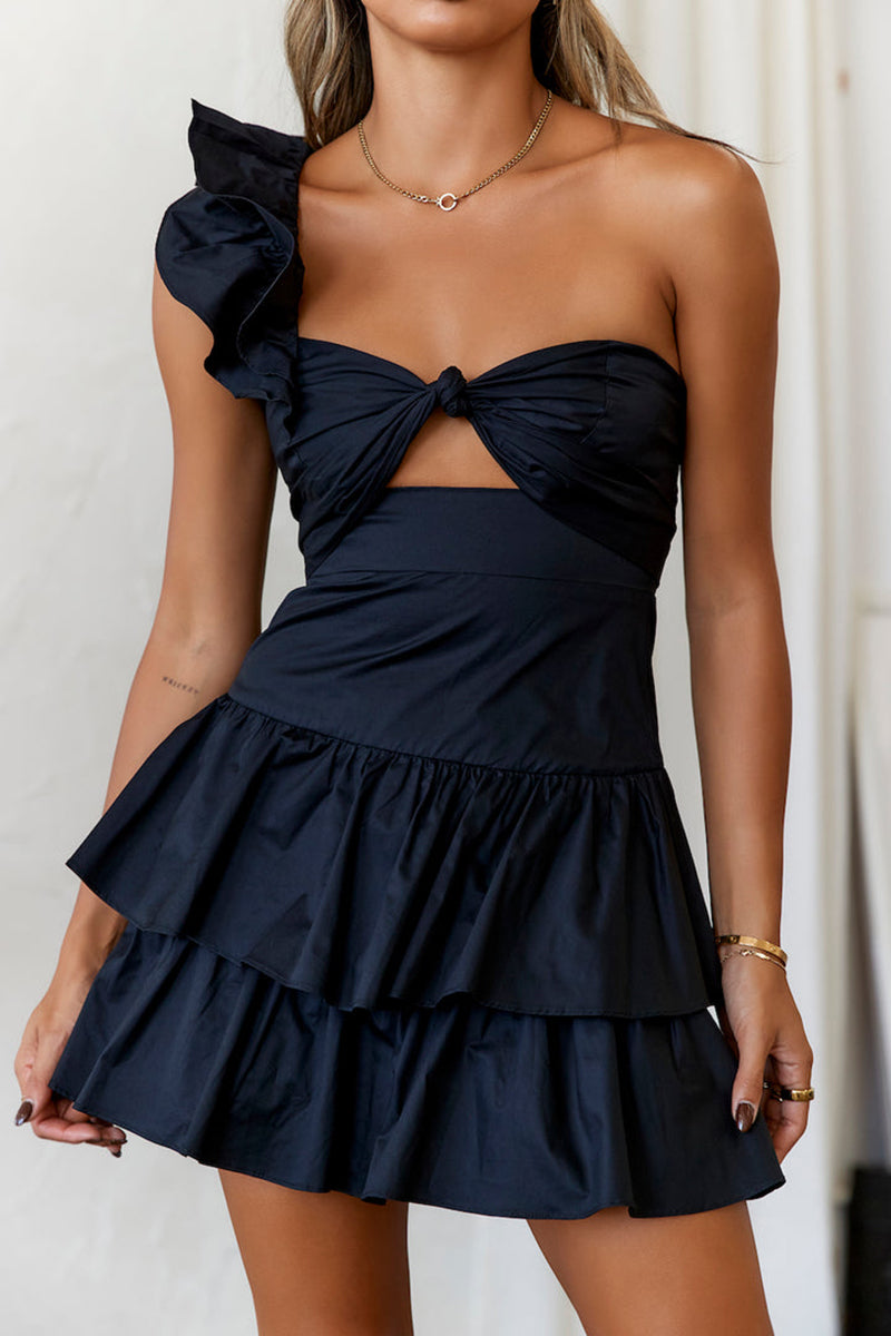 One Shoulder Straps Cutout A-Line Layered Flounced Mini Dresses-Yellow