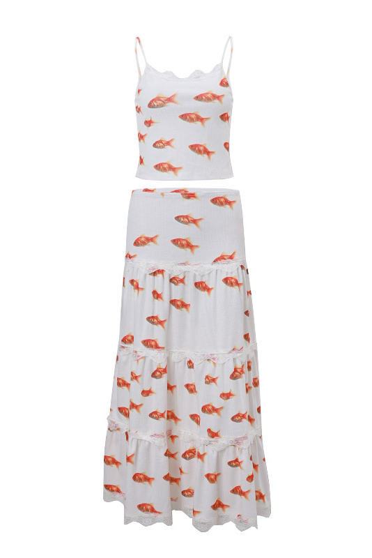 Goldfish Pattern Crop Cami Ruffled Lace Trim Maxi Skirt Matching Set-White