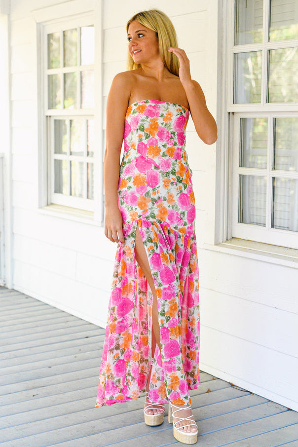 Floral Print Strapless Slit Side Flowy Maxi Dresses-Pink