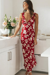 V Neck Sleeveless Floral Print Waist Tie Up Maxi Dresses