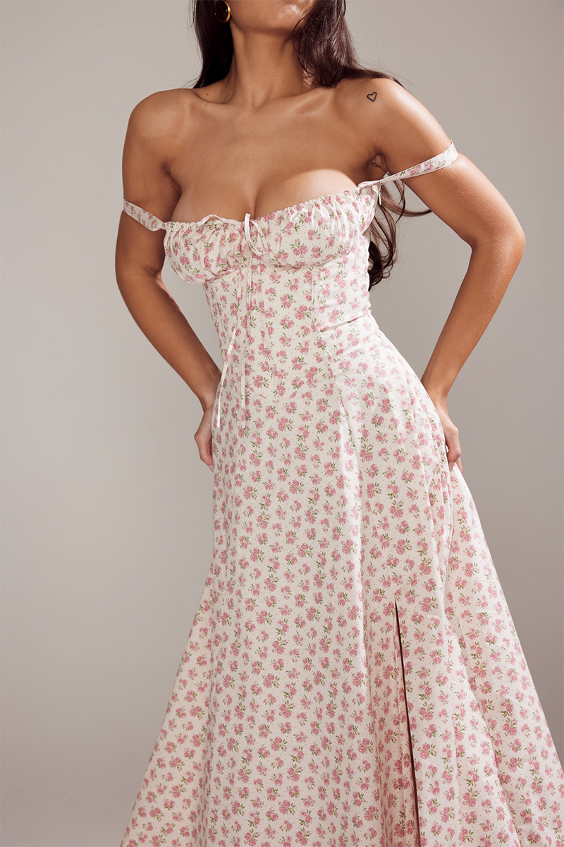 Ditsy Floral Print Front Tie Up Cinch Waist Slip Midi Dresses-Pink