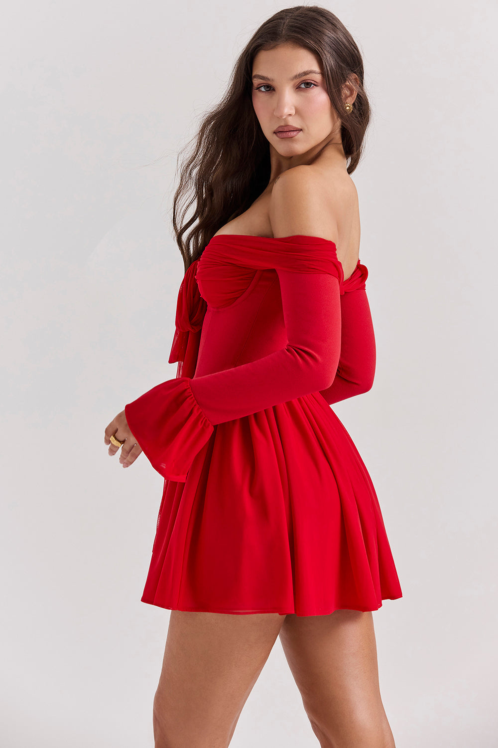 Off Shoulder Long Flare Sleeve Patchwork Knotted Pleated Hem Party Mini Dresses-White