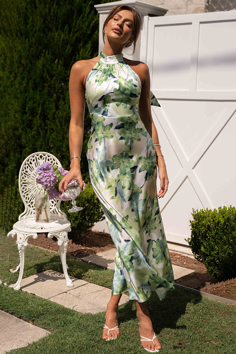 Floral Print Halter Backless Flowy Vacation Maxi Dresses