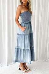 Boat Neck A-Line Side Slit Denim Distressed Midi Tube Dresses-Blue