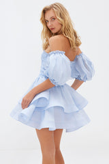 Off Shoulder Puff Sleeve Ruched A-Line Tulle Mini Dresses-Blue
