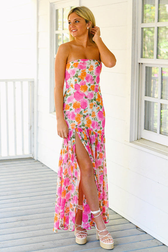 Floral Print Strapless Slit Side Flowy Maxi Dresses-Pink