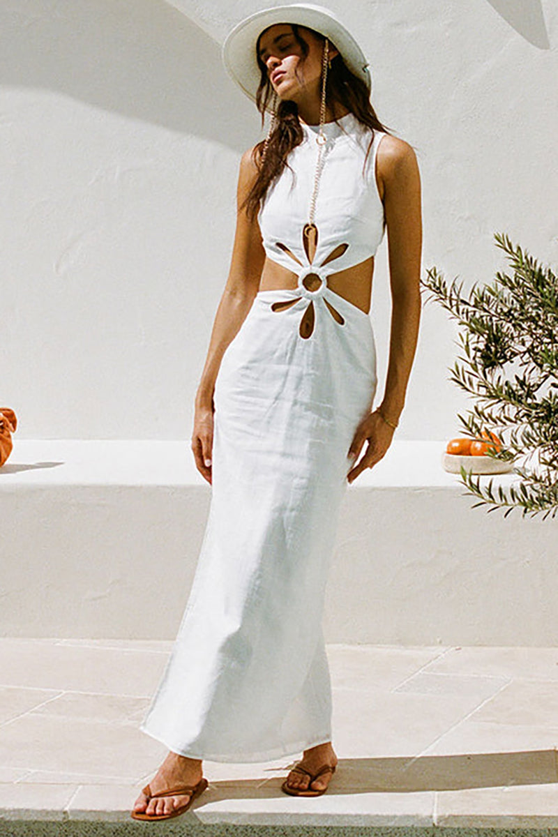 White Cutout Hollow Out Tied Up Sleeveless High Neck Slit Slim Maxi Dresses