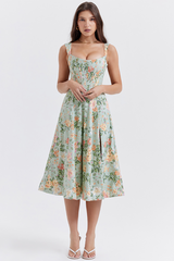 Floral Print Wide Strap Corset A-Line Slit Midi Dresses-White