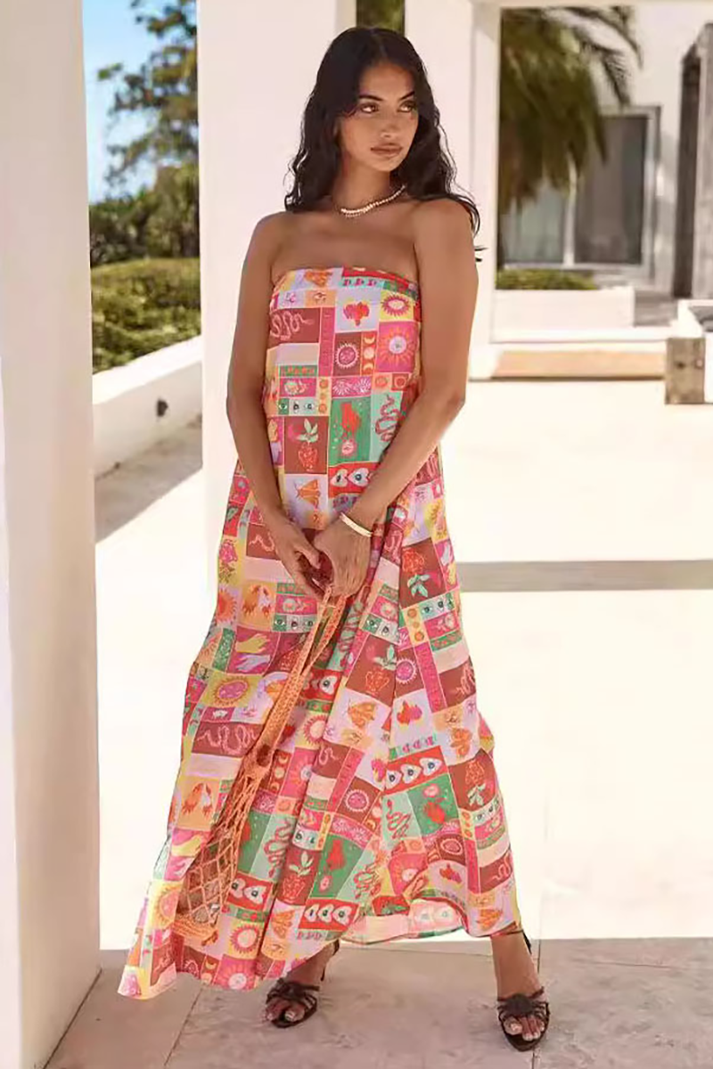 Mixed Prints Loose Fit A-Line Vacation Maxi Tube Dresses-Beige