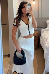 Knit Colorblock Trim V Neck Crop Top Pleated Midi Skirt Matching Set-White