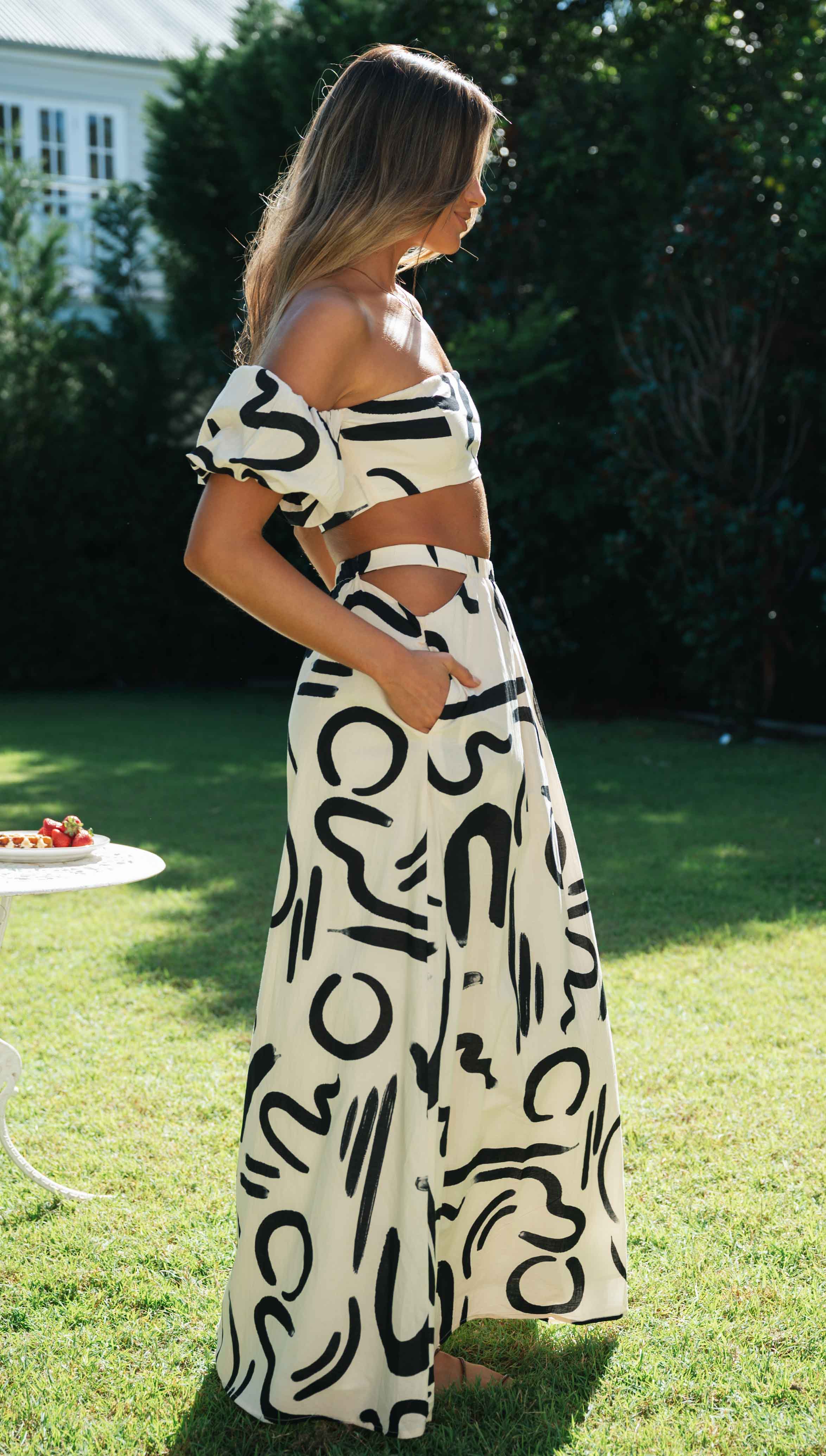 Doodle Printed Off-shoulder Maxi Dress Matching Set
