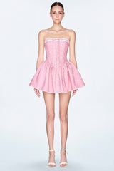 Guipure Lace Tied Up Floral Print Mini Tube Dresses-Pink