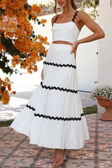 Colorblock Ripple Trim Crop Cami High Waist A-Line Maxi Skirt Matching Set-White