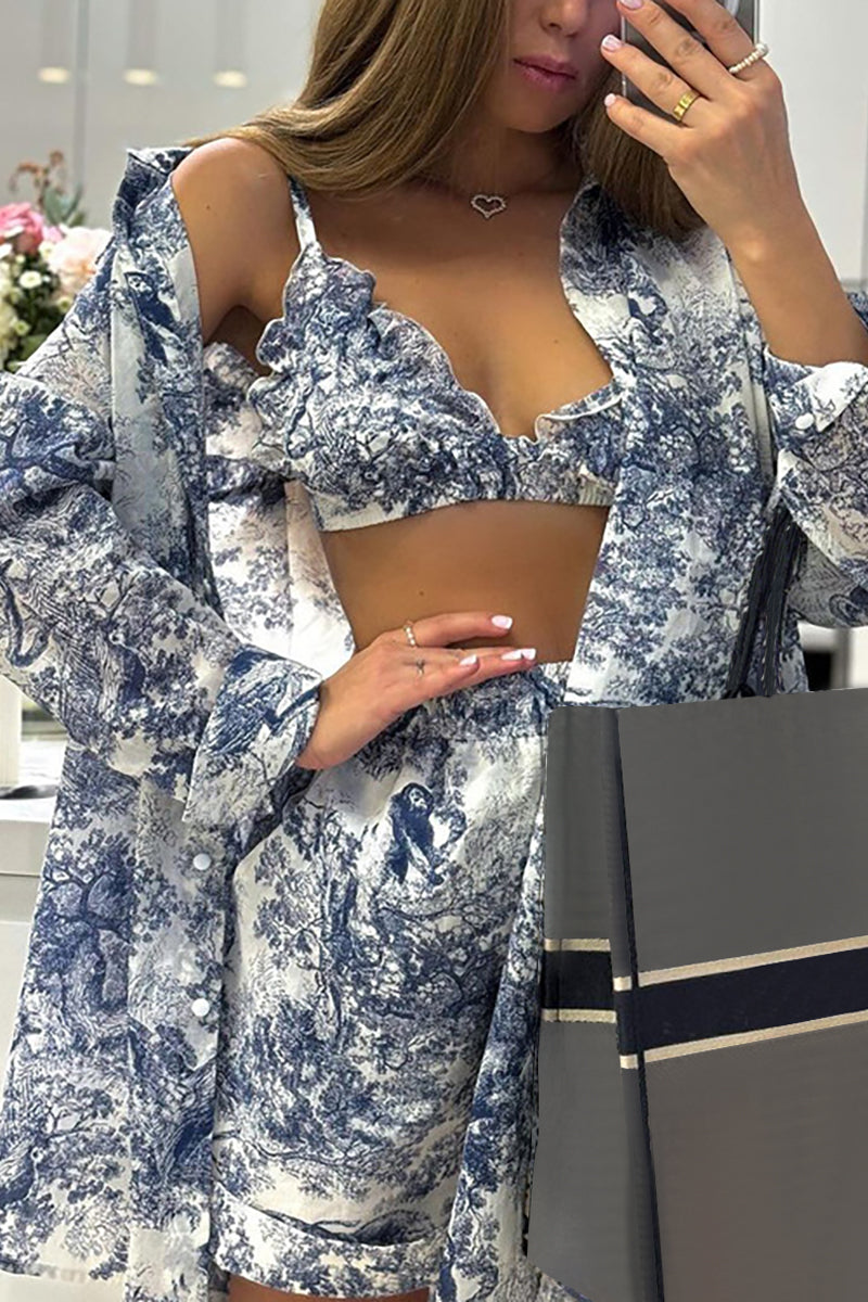Ink Painting Print Long Sleeve Blouse Halter Bra Shorts Three-Piece Set-Blue