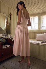 Boat Neck Button Up Cinch Waist Backless Pleated Hem Sleeveless Midi Dresses-Pink