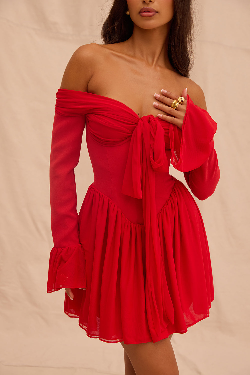 Off Shoulder Long Flare Sleeve Patchwork Knotted Pleated Hem Party Mini Dresses-White