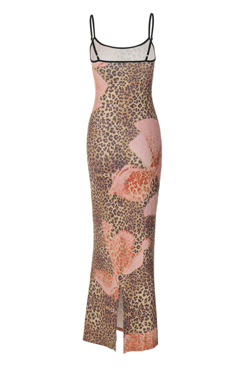 Leopard Print Slim-Fit Cocktail Party Maxi Slip Dresses-Brown