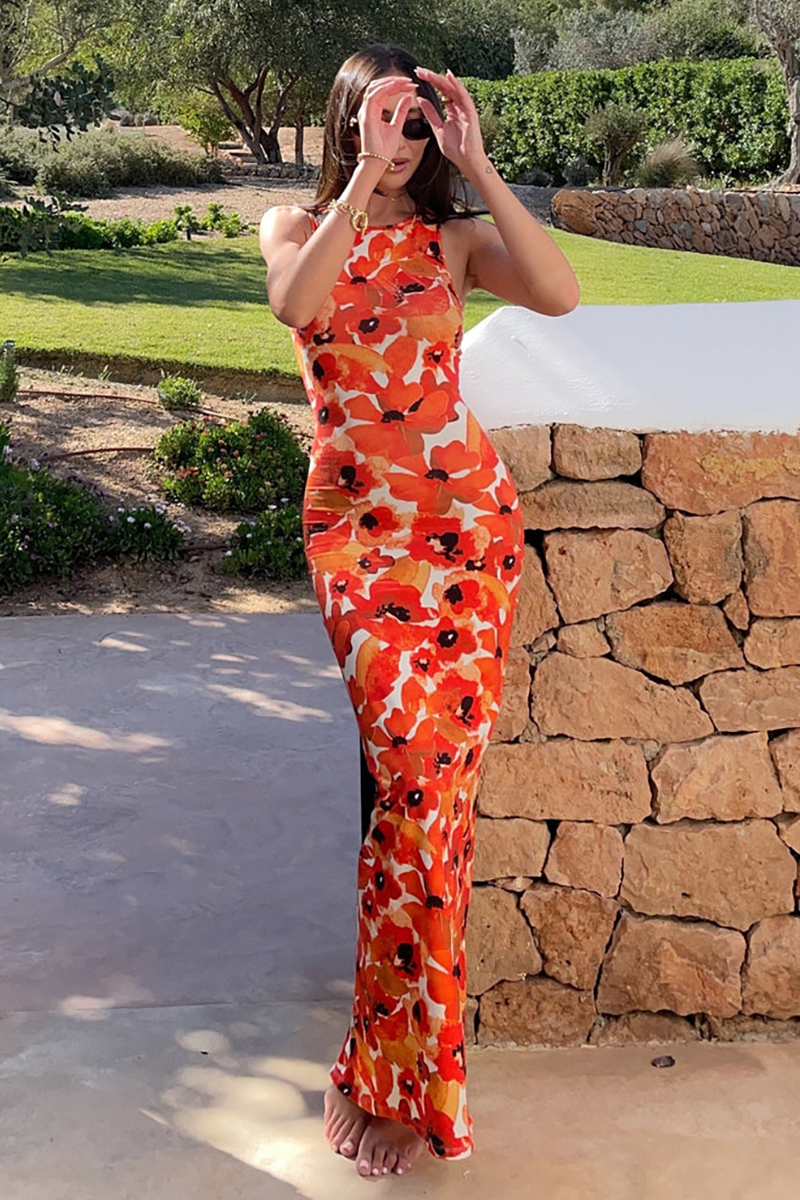 Floral Print Slim Fit Maxi Tank Dresses-Red Pre Order