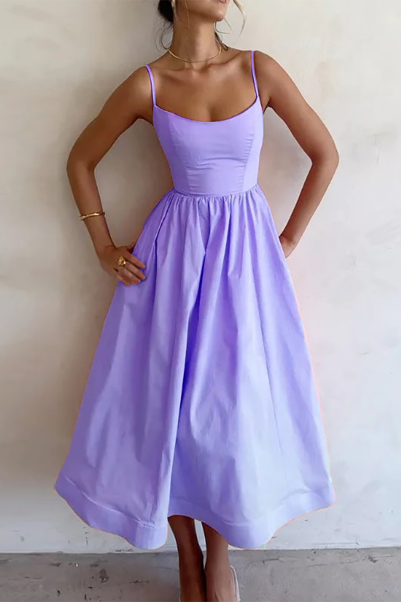 Solid Color U Neck Cinch Waist Spaghetti Strap Midi Dresses-Pink