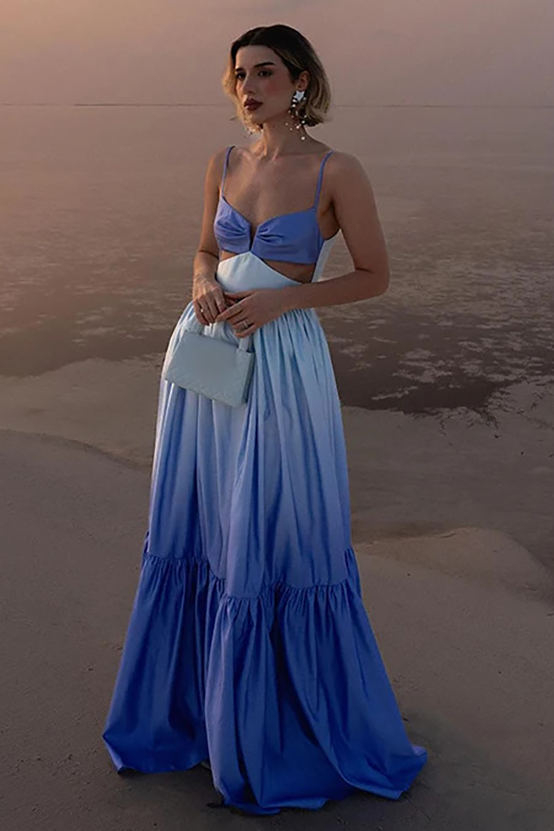 Gradient Color Cutout Open Back Shirred Maxi Strappy Dresses-Blue