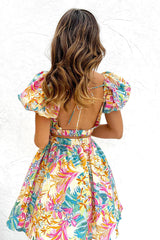 Multicolor Print Puff Sleeve V Neck Tie-Up Backless Mini Dresses