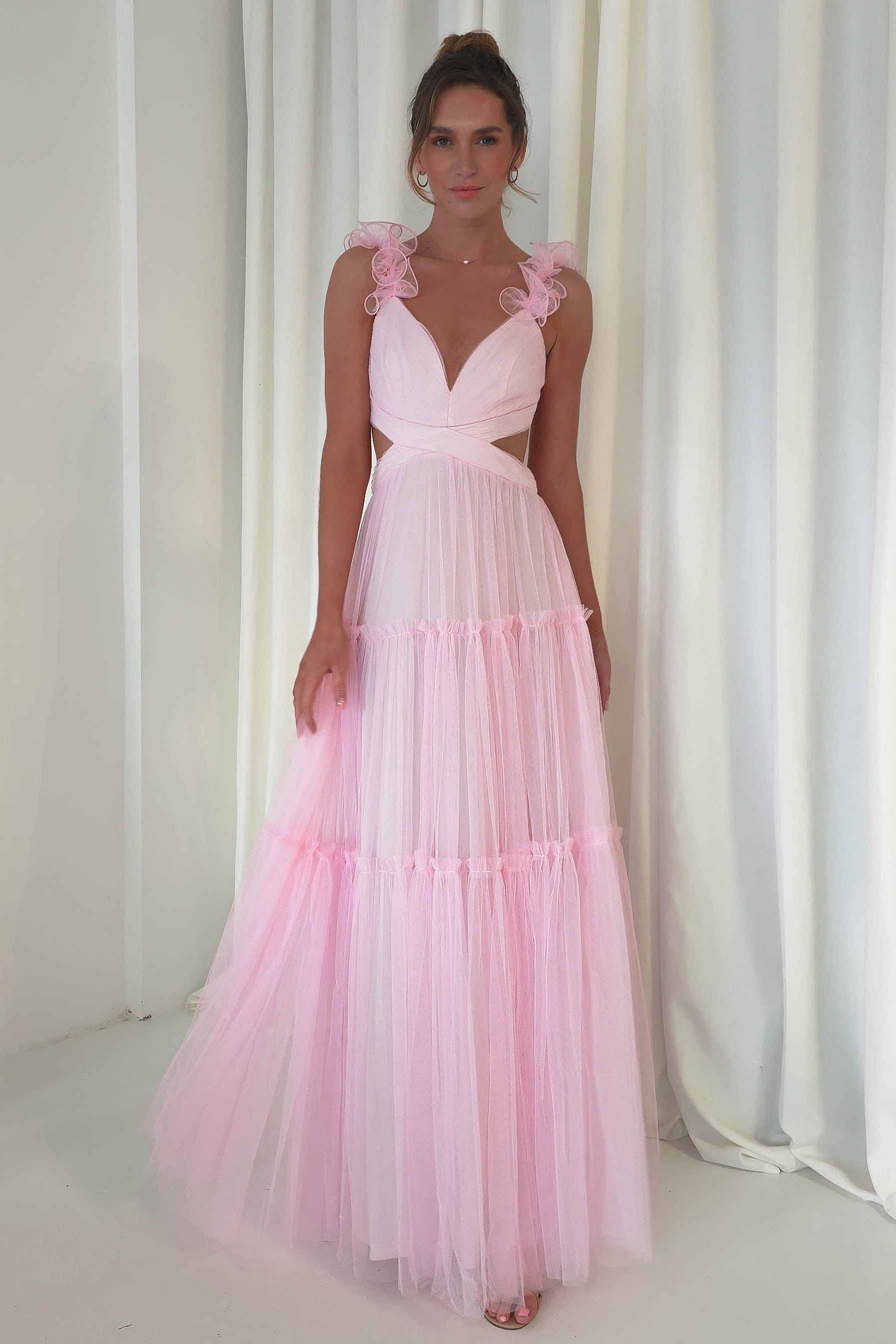 Petal Straps Deep V Neck Backless Tulle Gowns Maxi Dresses-Orange Pre Order