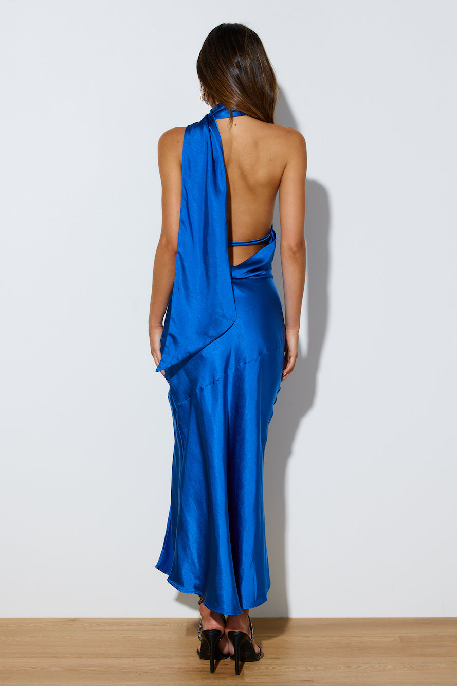 High Halter Open Back Slit Midi Dresses