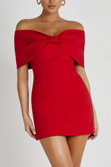 Bow Shaped Dropped Shoulder Short Sleeve Slim Fit Cocktail Party Mini Dresses-Red