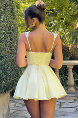 Ruffle Sweetheart Neck Lace Up A-Line Mini Dresses-Yellow
