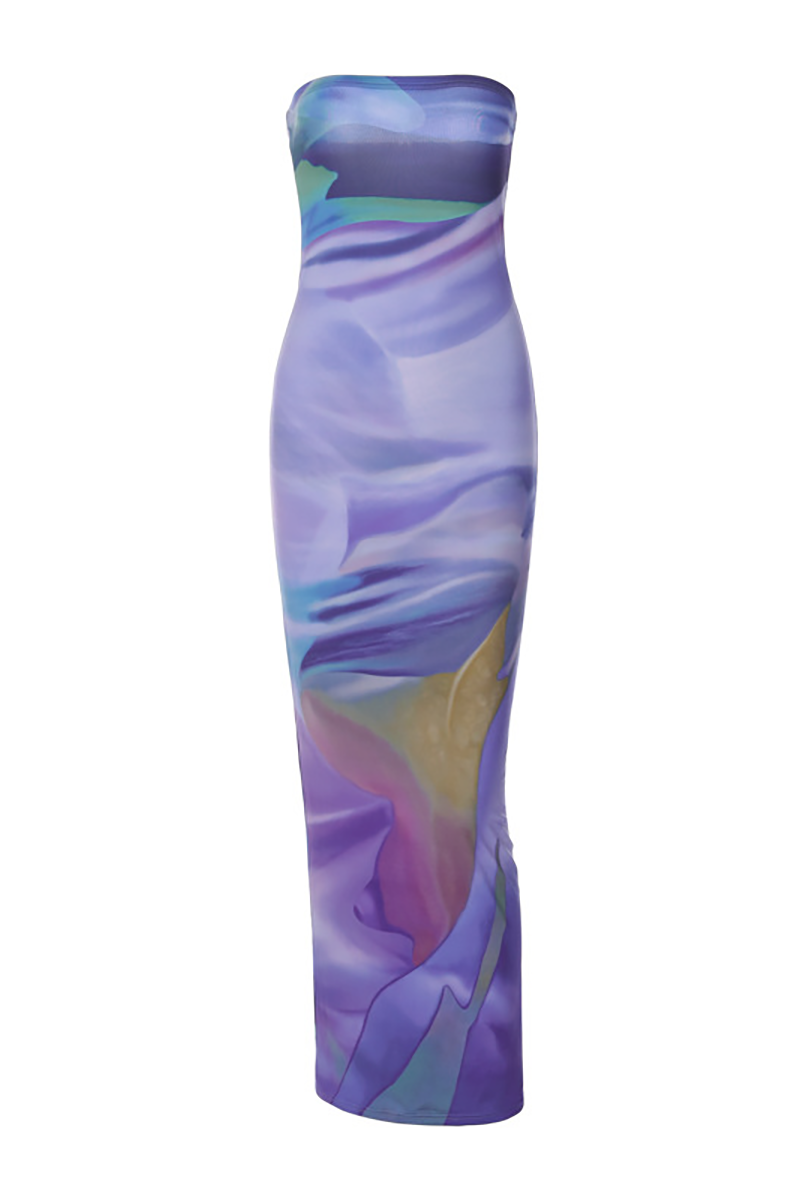 Pattern Print Boat Neck Slim Fit Maxi Tube Dresses-Purple