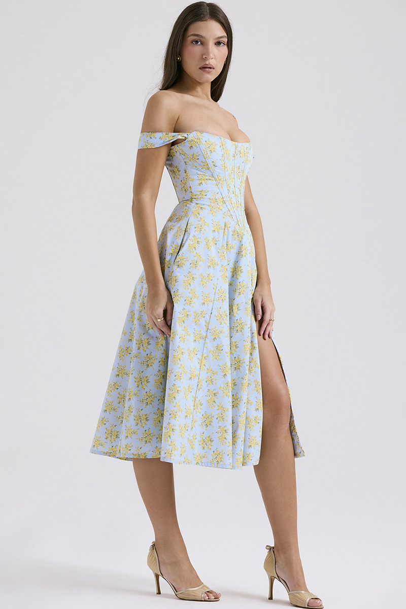 Floral Print Wide Strap Corset A-Line Slit Midi Dresses-White