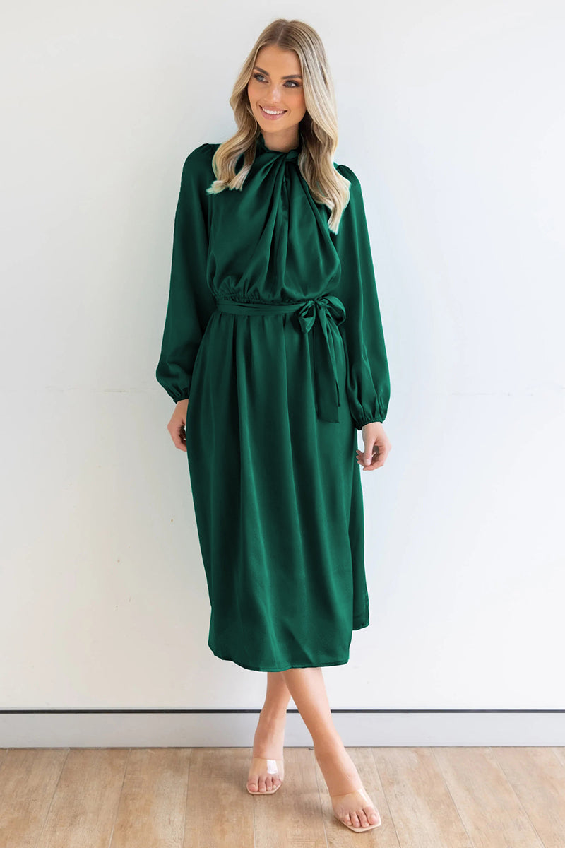 Ruched Knotted Long Sleeve Satin Midi Dresses