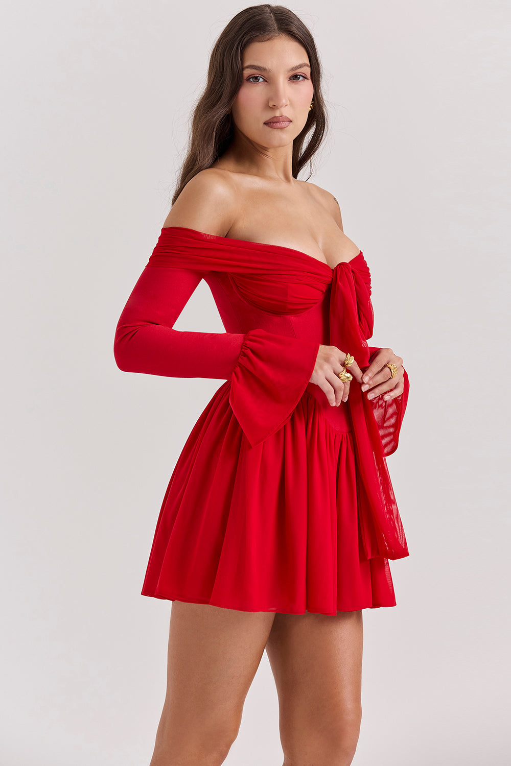 Off Shoulder Long Flare Sleeve Patchwork Knotted Pleated Hem Party Mini Dresses-White