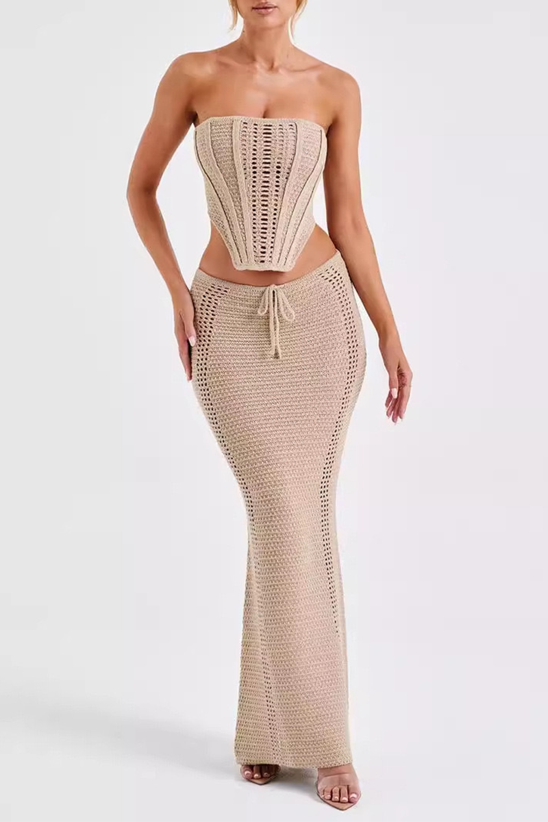 Hollow Out Knit Strapless Crop Top Bodycon Maxi Skirt Matching Set-Khaki