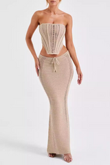Hollow Out Knit Strapless Crop Top Bodycon Maxi Skirt Matching Set-Khaki