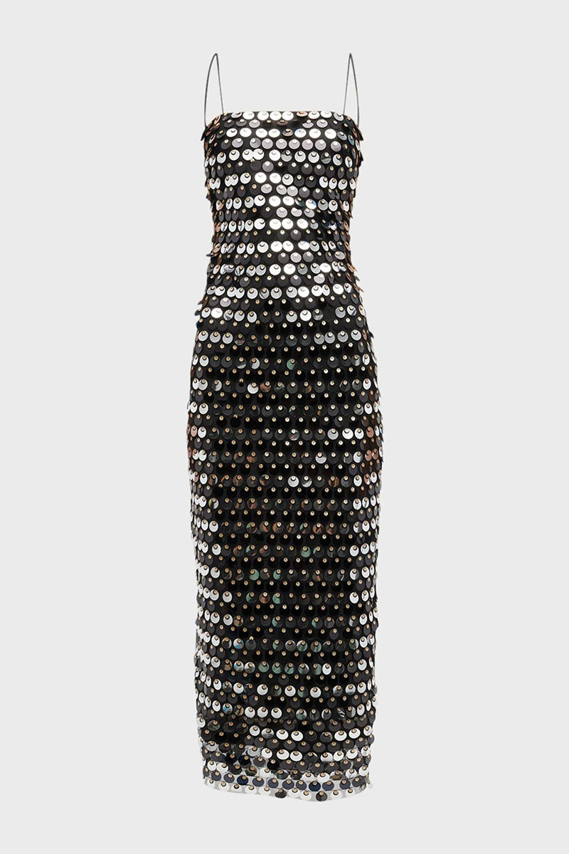 Sequins Spaghetti Strap Slim Fit Birthday Party Midi Dresses-Silver