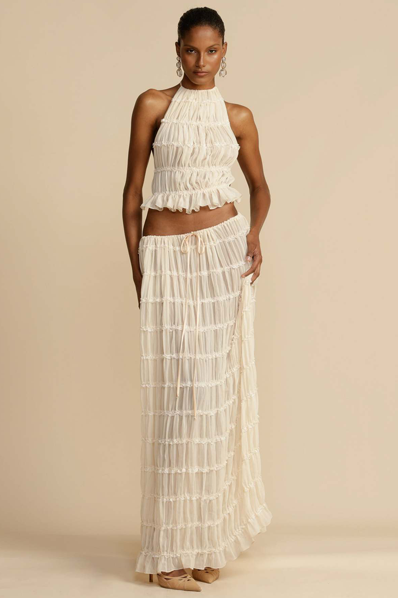 Solid Color Pleated Halter Backless Crop Top Ruffled Trim Maxi Skirt Matching Set-White